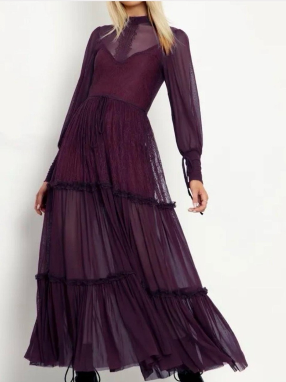 BlackMilk Burgundy Lace Maxi Dress Mesh Long Sleeve M NWOT